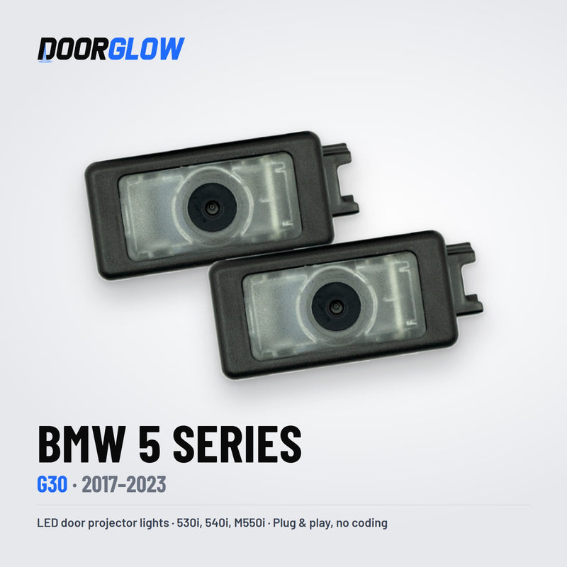 DoorGlow LED door projector lights for the BMW 5 Series G30 — two lights, lens side