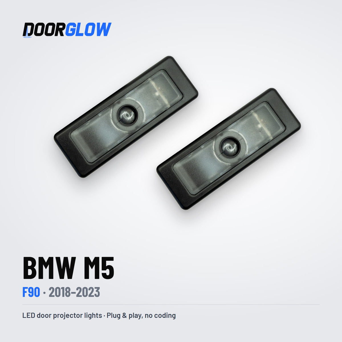DoorGlow LED door projector lights for the BMW M5 F90 — two lights, lens side