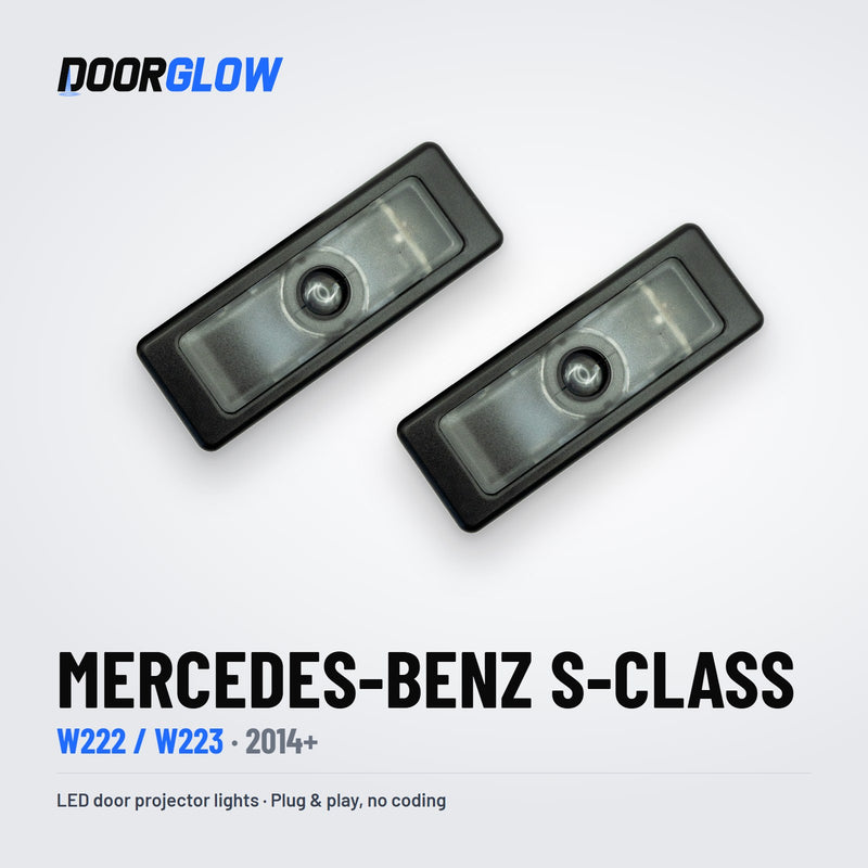 DoorGlow LED door projector lights for the Mercedes-Benz S-Class W222/W223 — two lights, lens side